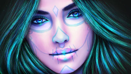Artistic HD desktop wallpaper featuring a blue-toned female face painted as a Day of the Dead sugar skull with vibrant hair and glowing eyes.