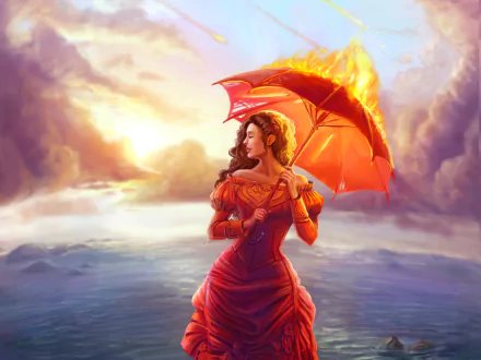 A fantasy HD desktop wallpaper depicting a woman in an orange dress holding a fiery orange umbrella against a dramatic cloudy sky.