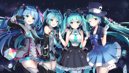 A vibrant HD desktop wallpaper featuring Hatsune Miku, the popular Vocaloid, showcasing her signature blue hair and blue eyes in a playful anime style with four unique poses.