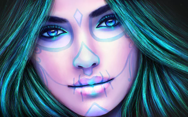 Artistic HD desktop wallpaper featuring a blue-toned female face painted as a Day of the Dead sugar skull with vibrant hair and glowing eyes.