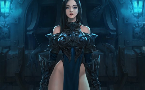 Fantasy Women Warrior Armor Black Hair Blue Eyes HD Wallpaper | Background Image