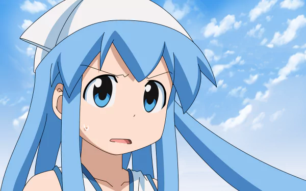 HD PC desktop wallpaper featuring Ika Musume (Squid Girl) from the anime, showcasing her with a determined expression against a bright blue sky with scattered clouds.