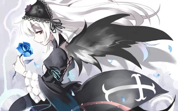 A stunning HD wallpaper featuring an anime character from Rozen Maiden, showcasing intricate details and a graceful pose with a blue rose against a soft, ethereal background.