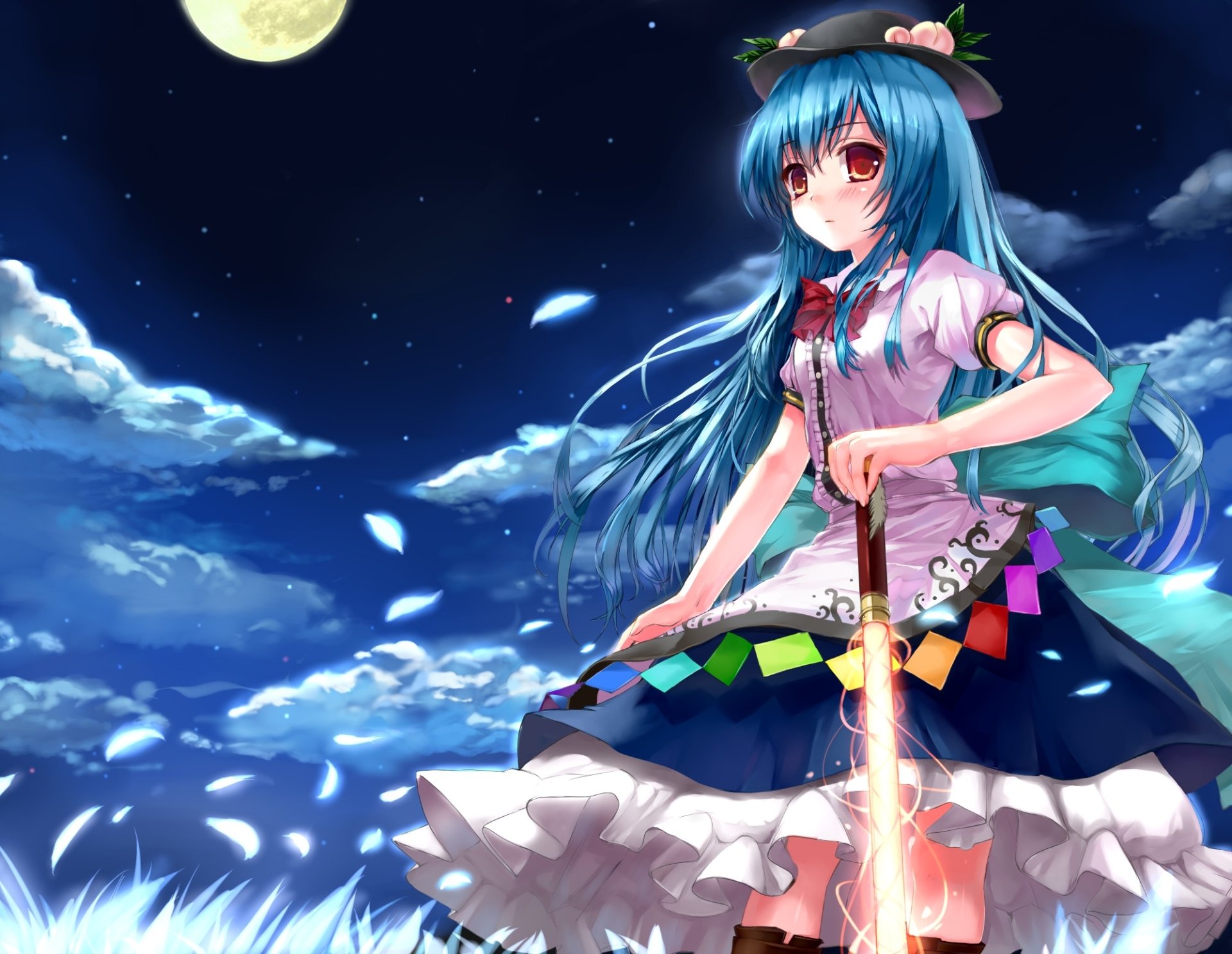 Anime-style HD desktop wallpaper featuring Tenshi Hinanawi with blue hair, red eyes, and a blush, holding a glowing sword against a starry night sky.