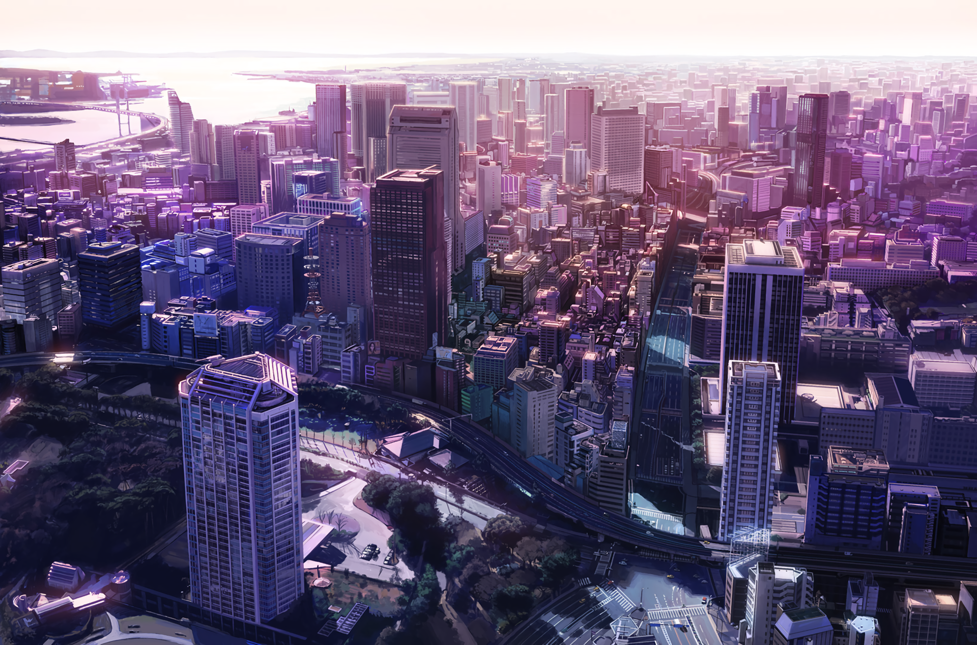 A vibrant anime-style cityscape at dusk, featuring towering skyscrapers and a shimmering waterfront, creates a stunning HD desktop wallpaper and background.