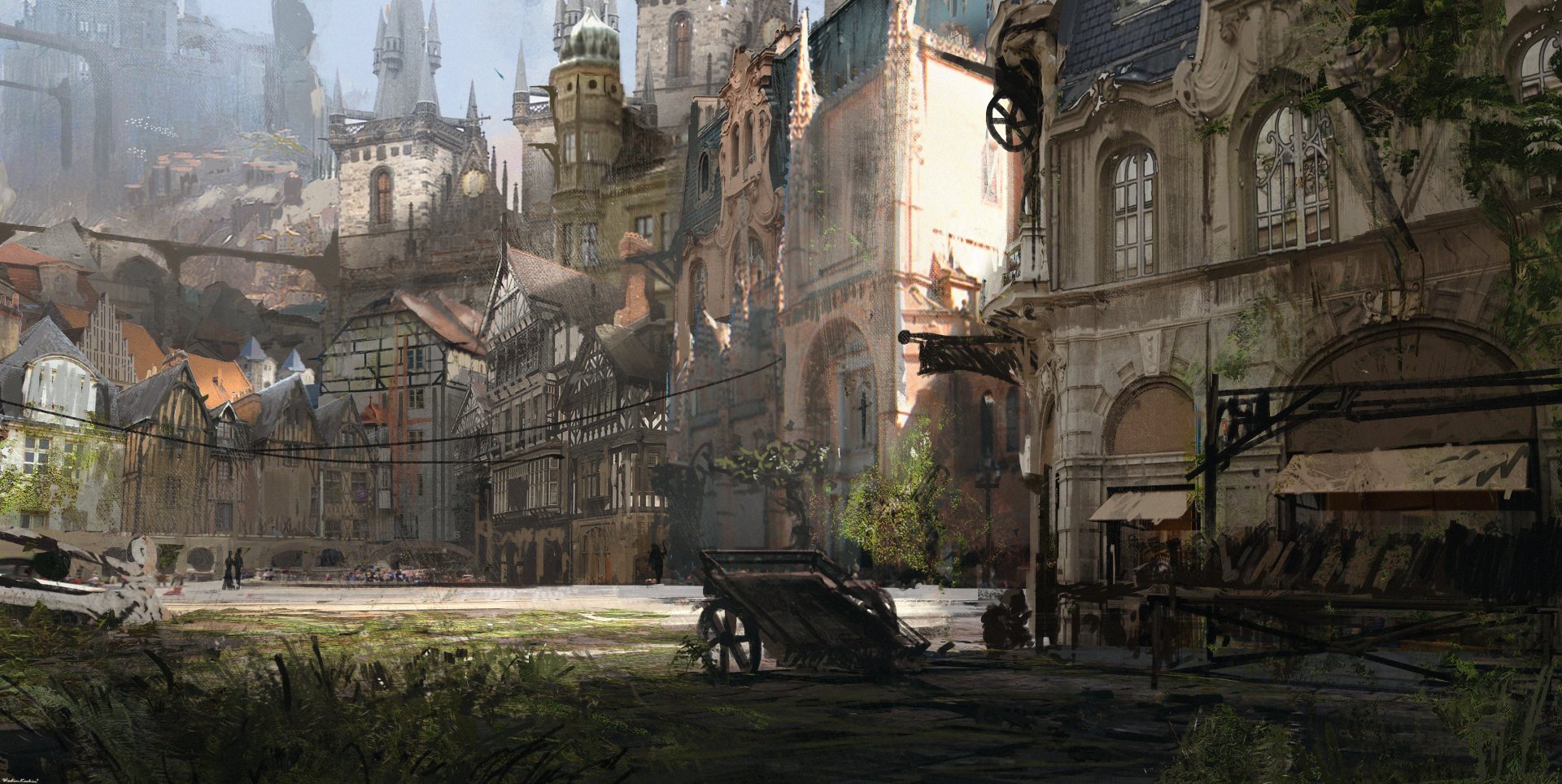 HD PC desktop wallpaper depicting a detailed fantasy city with medieval-style houses and towering structures under soft daylight.