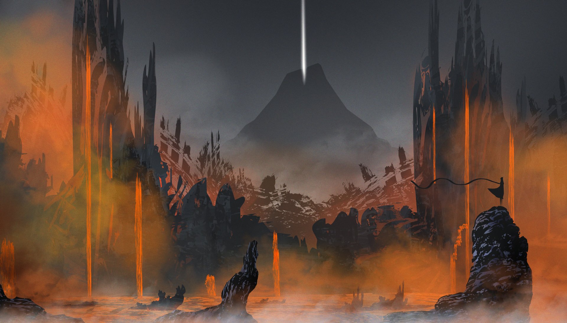 A dramatic silhouette of a volcanic landscape, featuring flowing lava and dark rocky structures, embodying an adventurous journey in a stunning HD video game wallpaper.