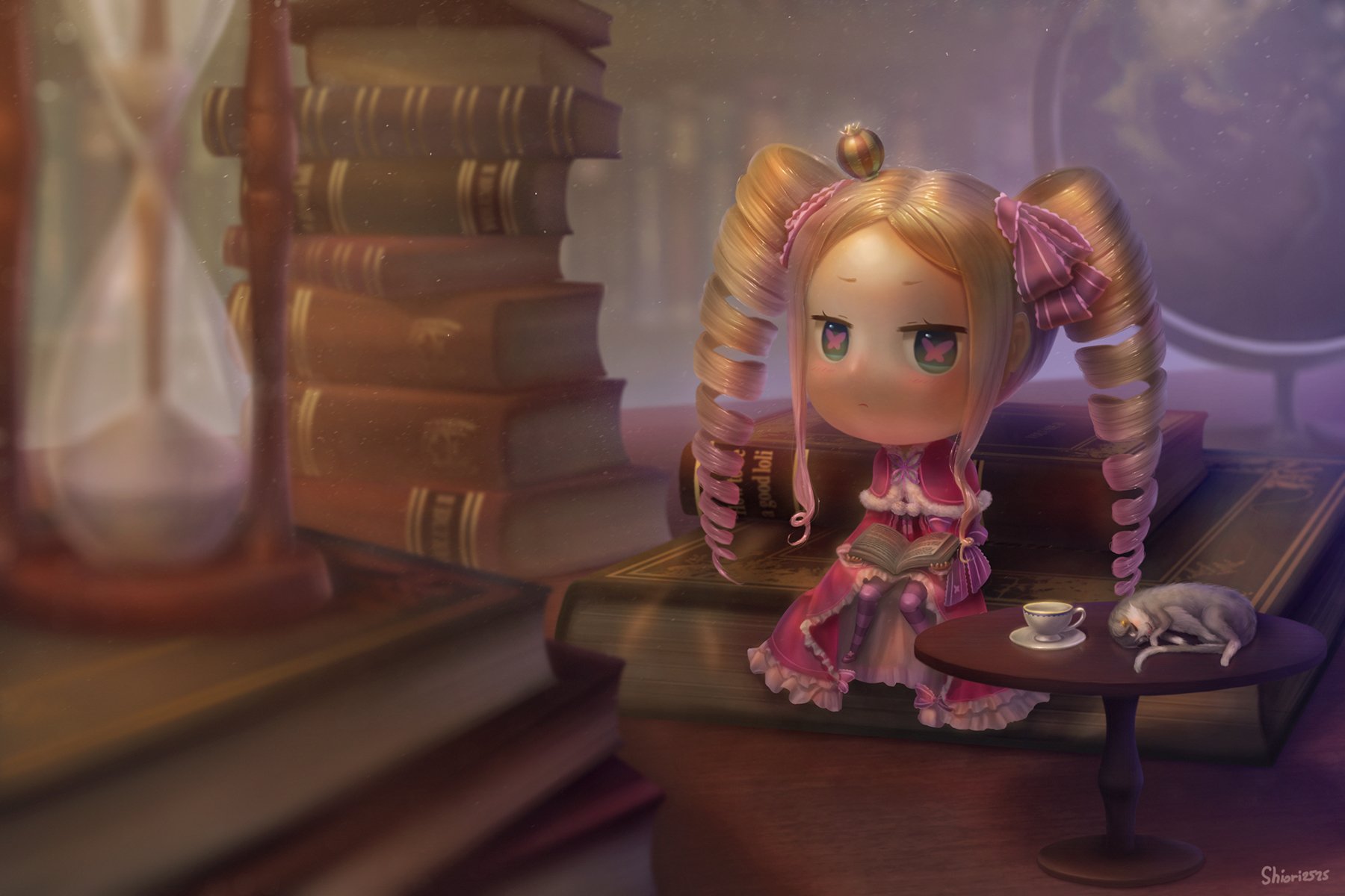 HD anime wallpaper featuring chibi-style Beatrice and Pack from Re:Zero - Starting Life in Another World, set in a cozy room with books and a tea set.