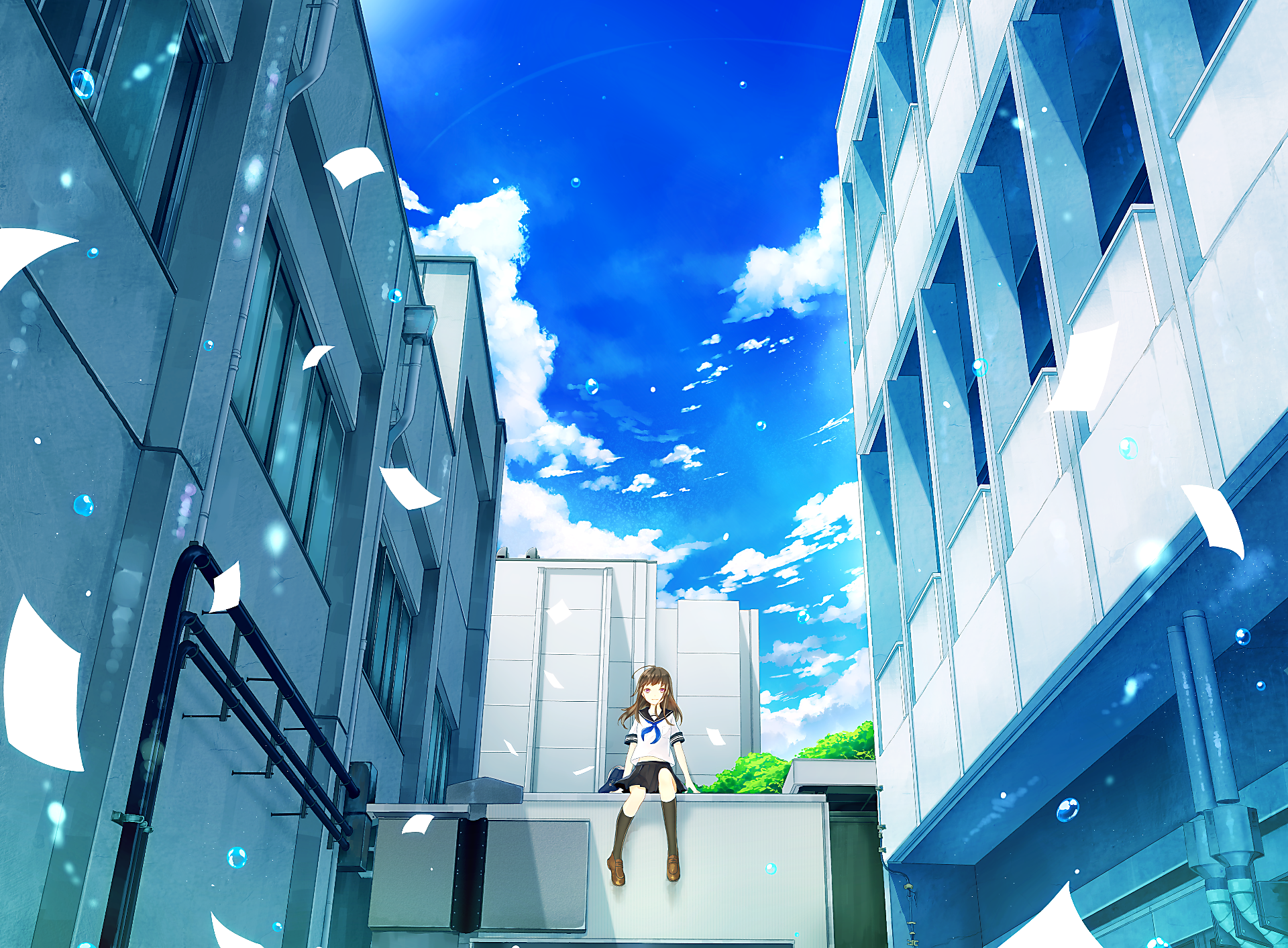A vibrant anime scene featuring a girl sitting on a rooftop surrounded by flying papers, with a bright blue sky and modern buildings in the background. HD PC desktop wallpaper and background.