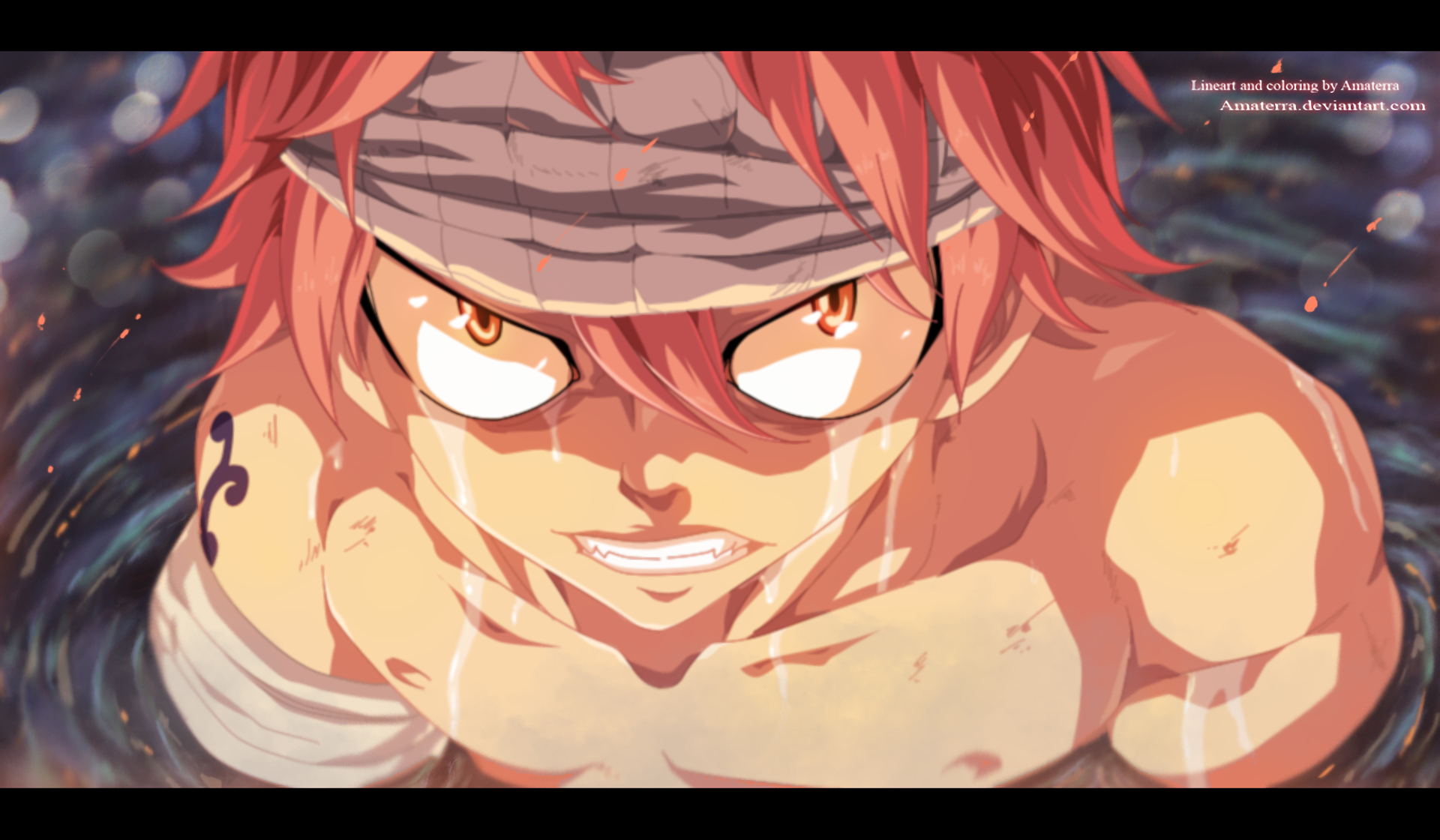 A dynamic HD image of Natsu Dragneel from the anime Fairy Tail, showcasing his fierce determination and fiery spirit against a dark, swirling background.