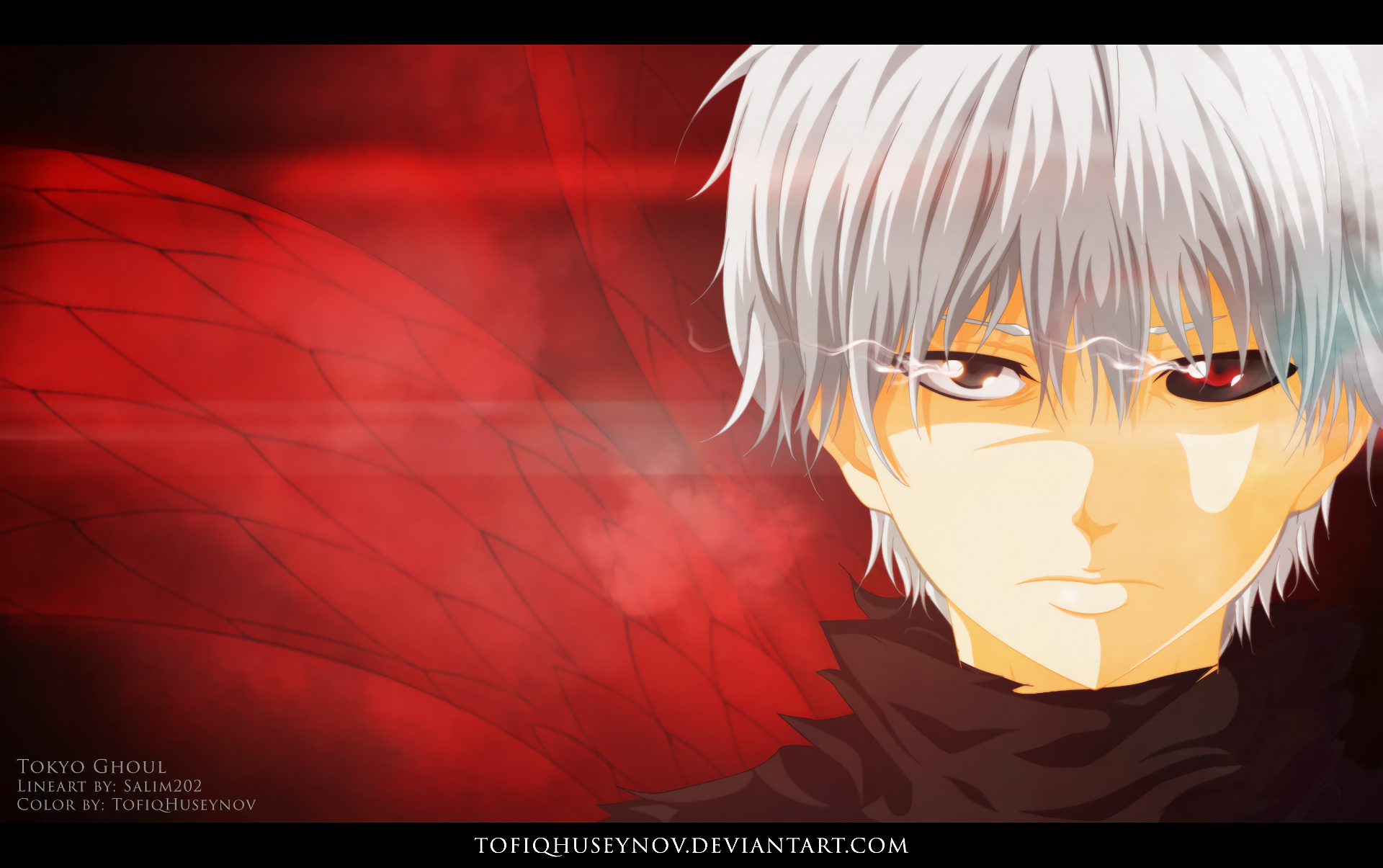 A striking HD wallpaper featuring Ken Kaneki from the anime Tokyo Ghoul, set against a dramatic red background, showcasing his intense expression and iconic silver hair.
