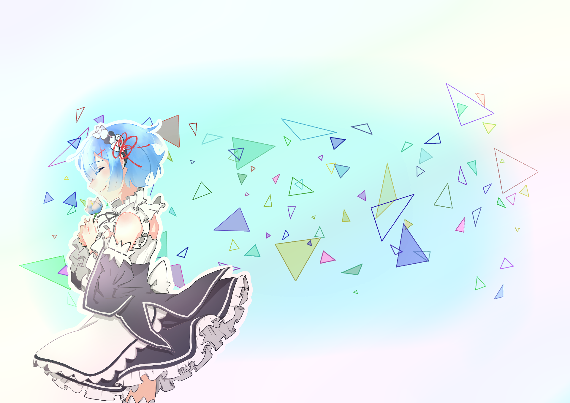 HD wallpaper featuring Rem from Re:ZERO - Starting Life in Another World, set against a pastel background with colorful geometric shapes.