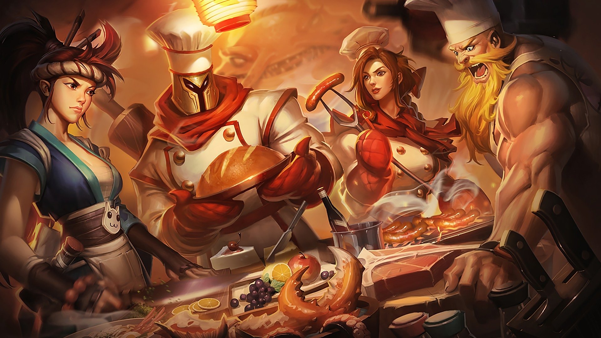 A vibrant HD wallpaper featuring champions from League of Legends: Leona, Akali, Olaf, and a chef, all gathered around a table filled with delicious dishes in a lively kitchen setting.