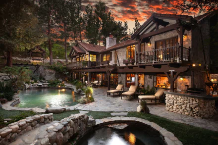 A stunning HD desktop wallpaper featuring a man-made pool beside a beautiful house, set against a vibrant sunset and surrounded by lush greenery.