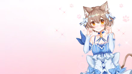 Felix Argyle from Re:Zero - Starting Life in Another World, depicted in a playful pose, wearing a blue and white dress against a soft pink background, creating a vibrant HD desktop wallpaper.