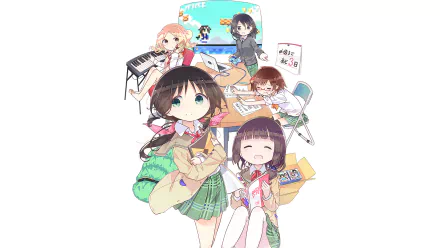 HD desktop wallpaper of five Stella no Mahou (Magic of Stella) characters—Ayame Seki, Shiina Murakami, Tamaki Honda, Kayo Fujikawa, and Yumine Fuda—cheerful anime girls in a clubroom with art supplies and keyboard.