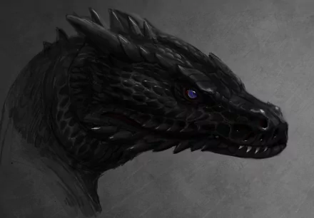 HD fantasy PC desktop wallpaper featuring a detailed close-up of a black-scaled dragon's head with piercing blue eyes against a muted gray background.