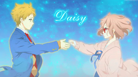 HD desktop wallpaper featuring Akihito Kanbara and Mirai Kuriyama from the anime Beyond the Boundary, set against a dreamy blue background with the word Daisy.