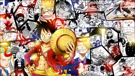 Colorful HD wallpaper featuring characters from One Piece, including Monkey D. Luffy, Zoro, Nami, and others, set against a vibrant collage of iconic scenes from the anime.