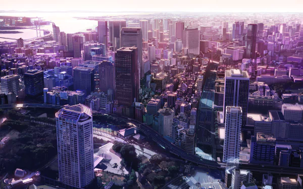 A vibrant anime-style cityscape at dusk, featuring towering skyscrapers and a shimmering waterfront, creates a stunning HD desktop wallpaper and background.
