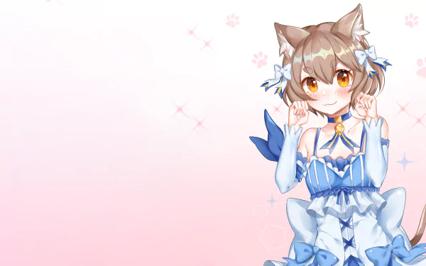 Felix Argyle from Re:Zero - Starting Life in Another World, depicted in a playful pose, wearing a blue and white dress against a soft pink background, creating a vibrant HD desktop wallpaper.