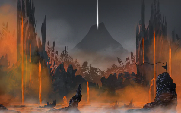 A dramatic silhouette of a volcanic landscape, featuring flowing lava and dark rocky structures, embodying an adventurous journey in a stunning HD video game wallpaper.