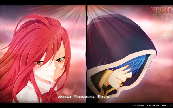 HD anime wallpaper featuring Erza Scarlet and Mystogan from Fairy Tail, with a dramatic split-screen design and Move Forward, Erza text overlay.