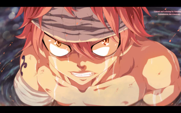 A dynamic HD image of Natsu Dragneel from the anime Fairy Tail, showcasing his fierce determination and fiery spirit against a dark, swirling background.