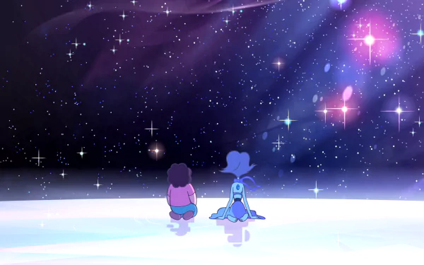 Steven and Lapis Lazuli from Steven Universe sit together under a starry night sky, surrounded by cosmic colors, in this HD desktop wallpaper and background.