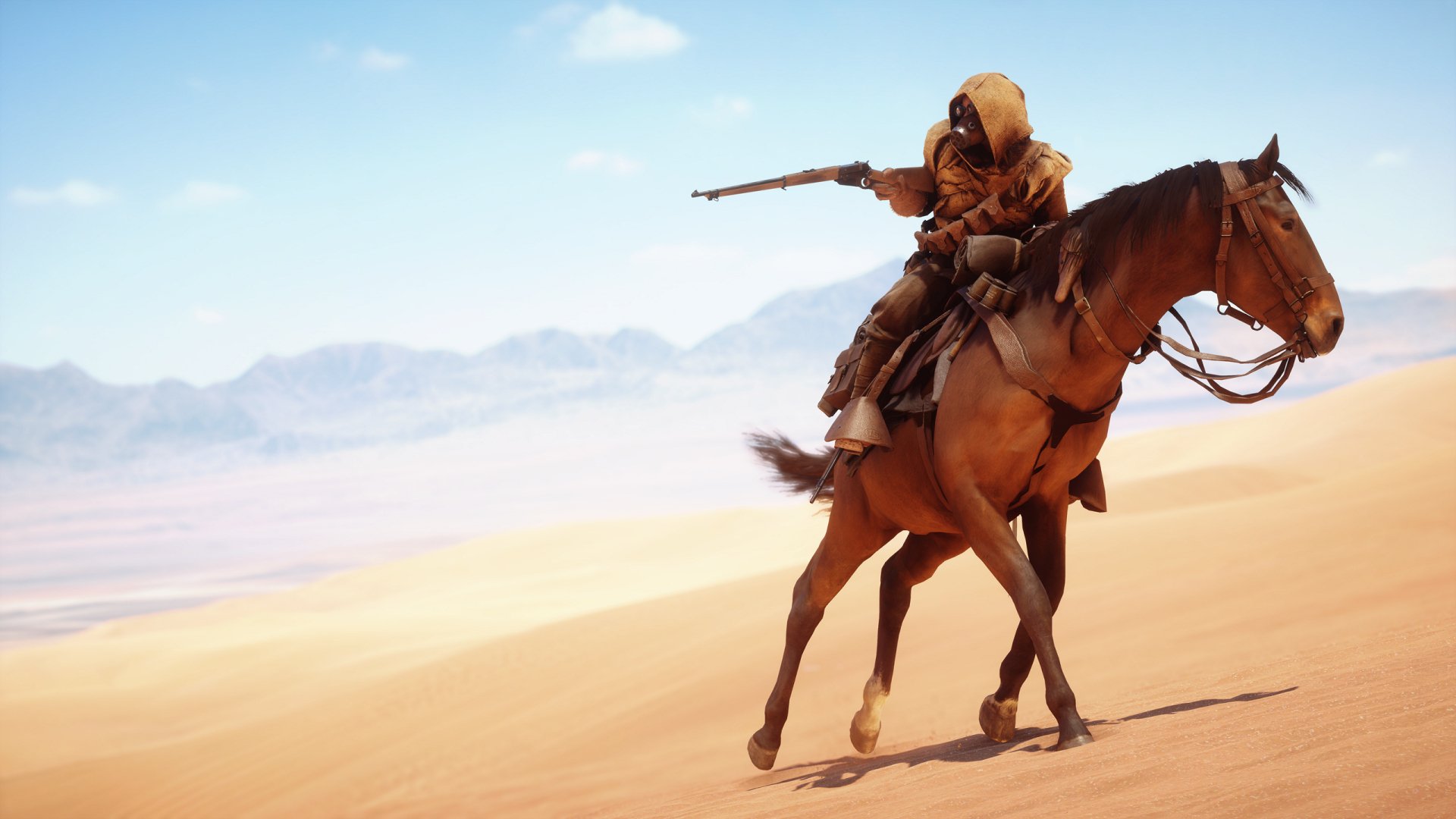 HD PC desktop wallpaper from the video game Battlefield 1 showing a soldier on horseback aiming a rifle in a vast desert landscape.
