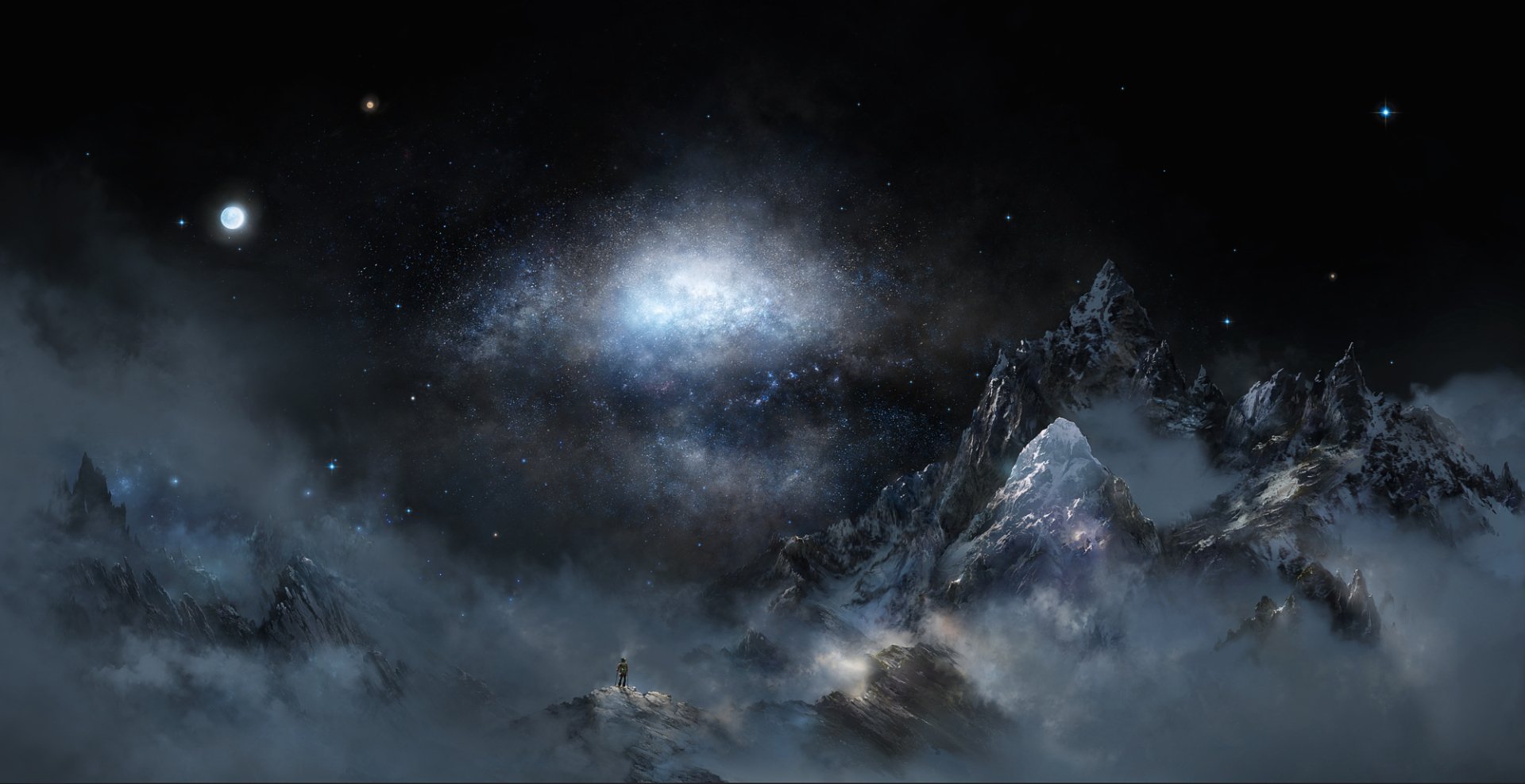 HD PC desktop wallpaper showcasing a sci-fi landscape with rugged mountains shrouded in mist under a starry, cosmic sky.