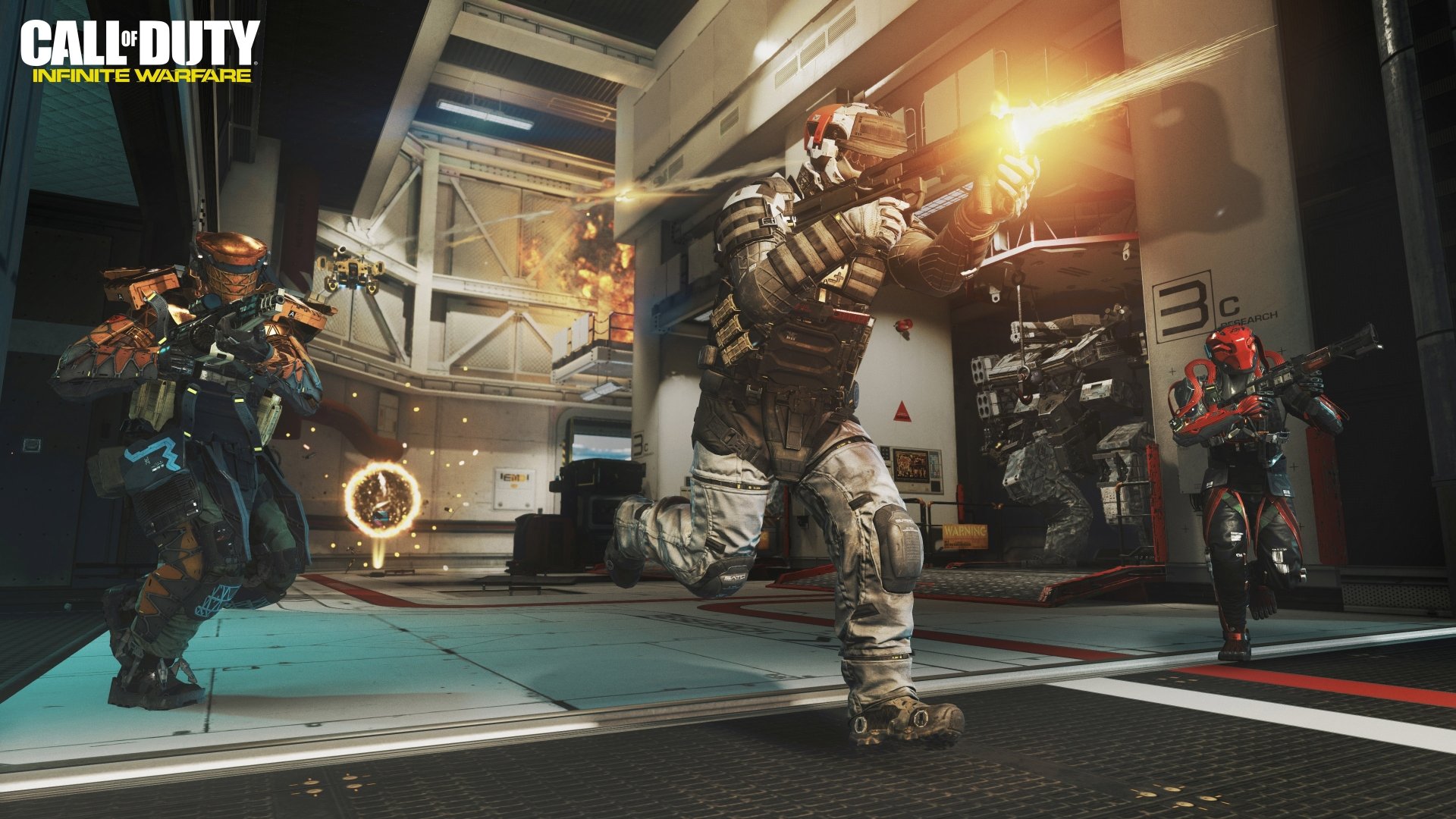 4K Ultra HD PC wallpaper featuring intense combat scene from Call of Duty: Infinite Warfare with futuristic soldiers engaged in gunfire inside a high-tech facility.