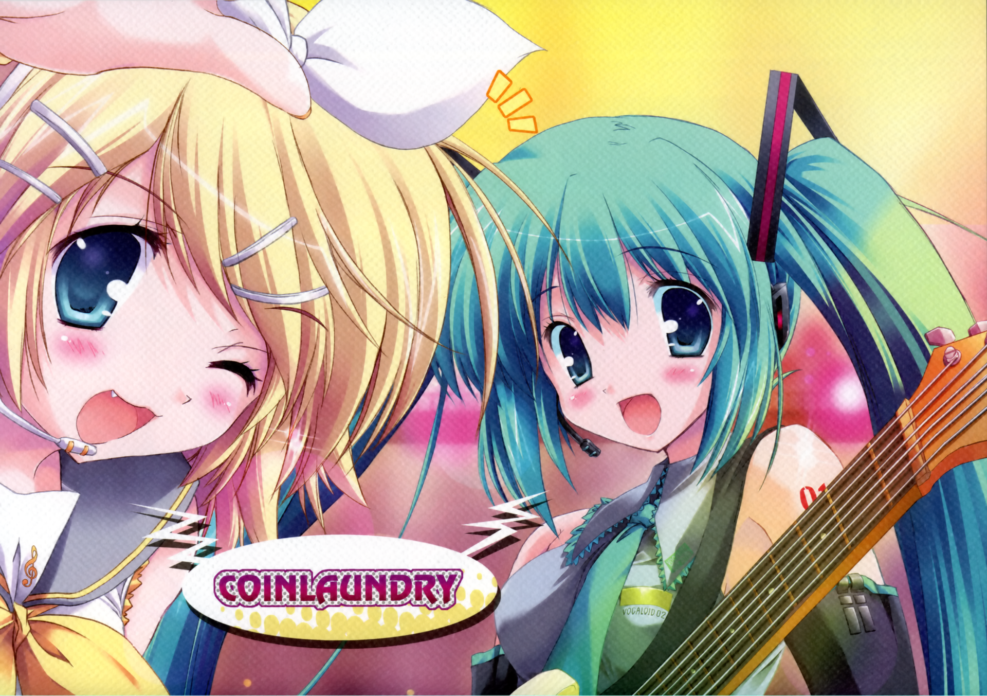 2K Quad HD anime wallpaper of Vocaloid duo Rin Kagamine and Hatsune Miku, cheerful poses; Rin winks, Miku holds a guitar against a colorful background.