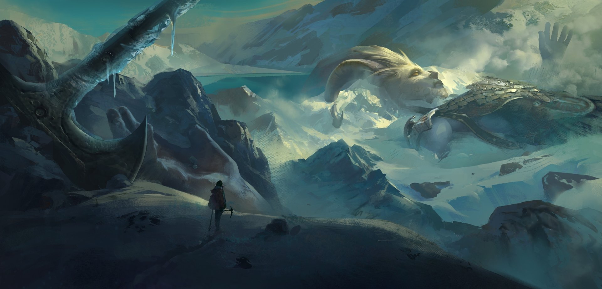 2K Quad HD PC desktop wallpaper/background: mountain fantasy landscape — a lone traveler on a rocky ridge gazes across misty peaks and a colossal mythical creature curled among the clouds.