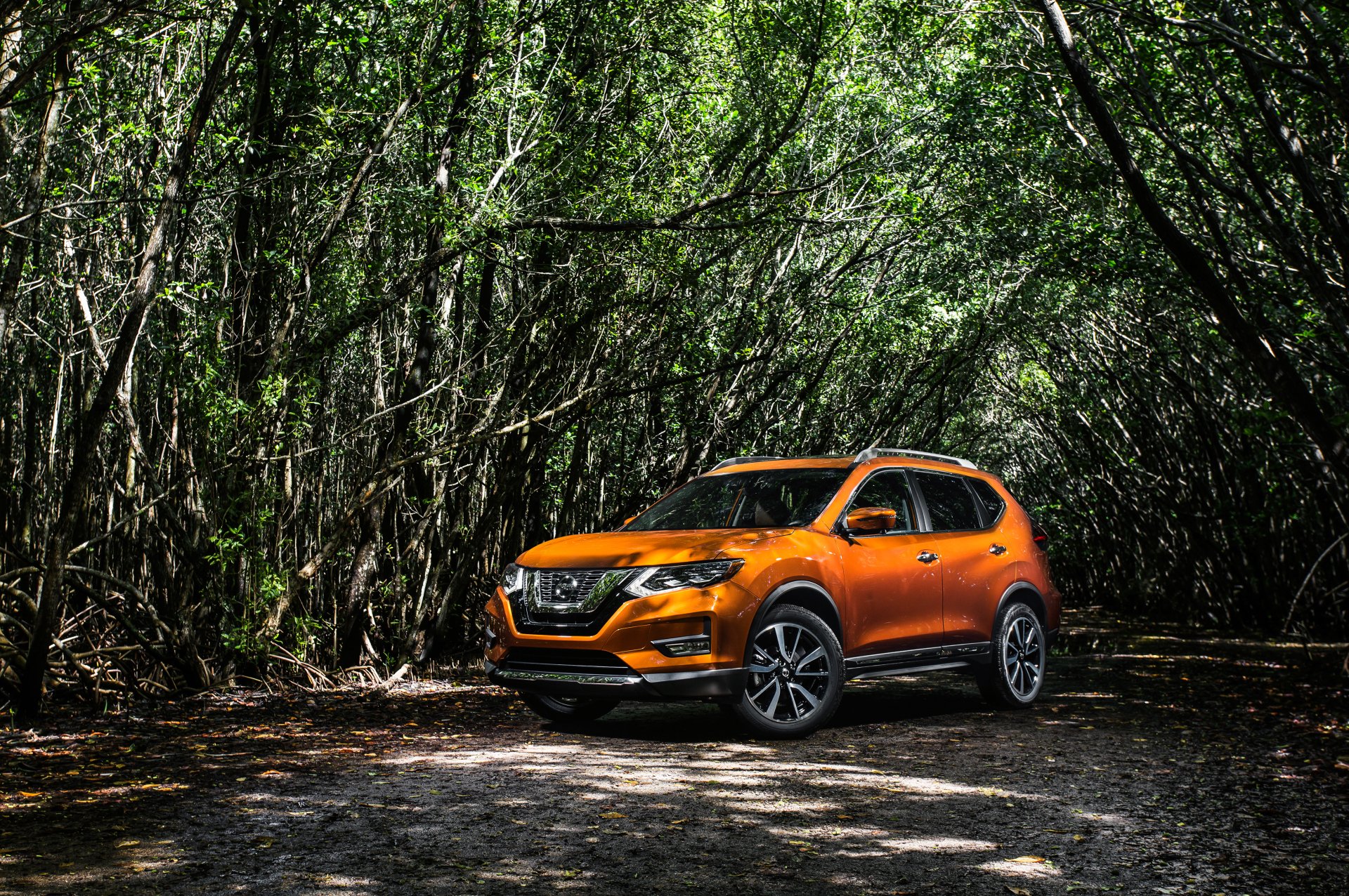 Orange Nissan Rogue SUV parked on a forest trail, captured in 4K Ultra HD as a vivid PC desktop wallpaper and background.