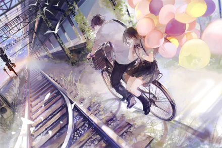 Anime couple on a bike ride along a railroad track, the girl holding colorful balloons. Both are in school uniforms, creating a serene, picturesque HD wallpaper and background.