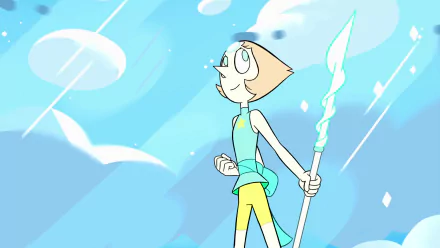 Pearl from the TV show Steven Universe, holding a glowing staff, gazes upward with a hopeful expression against a vibrant blue and cloud-filled background. HD wallpaper for fans.