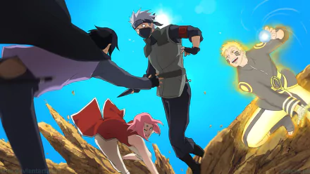 A vibrant HD wallpaper featuring Sakura Haruno, Naruto Uzumaki, Kakashi Hatake, and Sasuke Uchiha from the anime Naruto, showcasing an intense and dynamic scene.