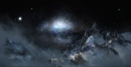 HD PC desktop wallpaper showcasing a sci-fi landscape with rugged mountains shrouded in mist under a starry, cosmic sky.