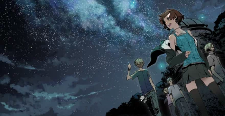 A vibrant HD wallpaper featuring characters from the J-Pop song Kimi no Shiranai Monogatari by supercell, set against a starry sky filled with shimmering galaxies.