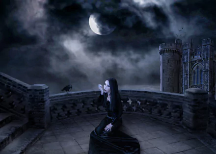 A dark fantasy scene with a gothic woman sitting on a stone balcony under a glowing moon, accompanied by a raven, with a castle in the misty background.