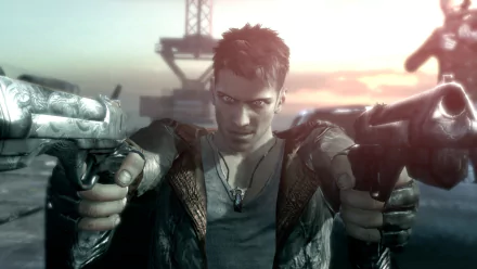 HD PC desktop wallpaper: Dante from DmC: Devil May Cry aims twin guns at the viewer in a gritty video game scene.