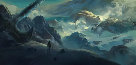 2K Quad HD PC desktop wallpaper/background: mountain fantasy landscape — a lone traveler on a rocky ridge gazes across misty peaks and a colossal mythical creature curled among the clouds.