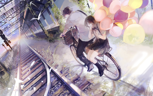 Anime Couple Railroad Bicycle School Uniform Bike Balloon HD Wallpaper | Background Image
