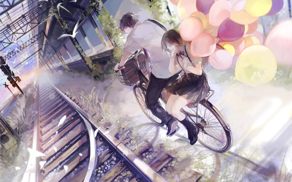 Anime couple on a bike ride along a railroad track, the girl holding colorful balloons. Both are in school uniforms, creating a serene, picturesque HD wallpaper and background.