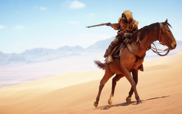 HD PC desktop wallpaper from the video game Battlefield 1 showing a soldier on horseback aiming a rifle in a vast desert landscape.