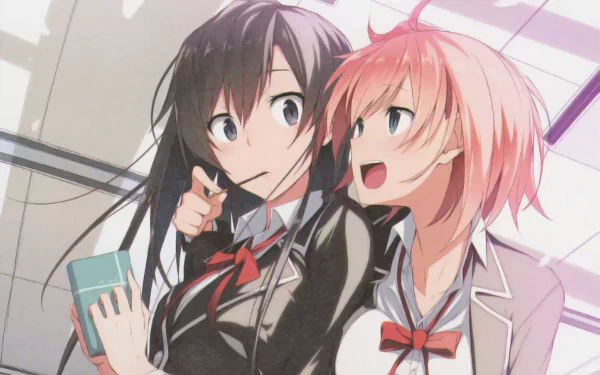 Two characters, Yui Yuigahama and Yukino Yukinoshita, from the anime My Teen Romantic Comedy SNAFU, share a lighthearted moment in this HD desktop wallpaper.