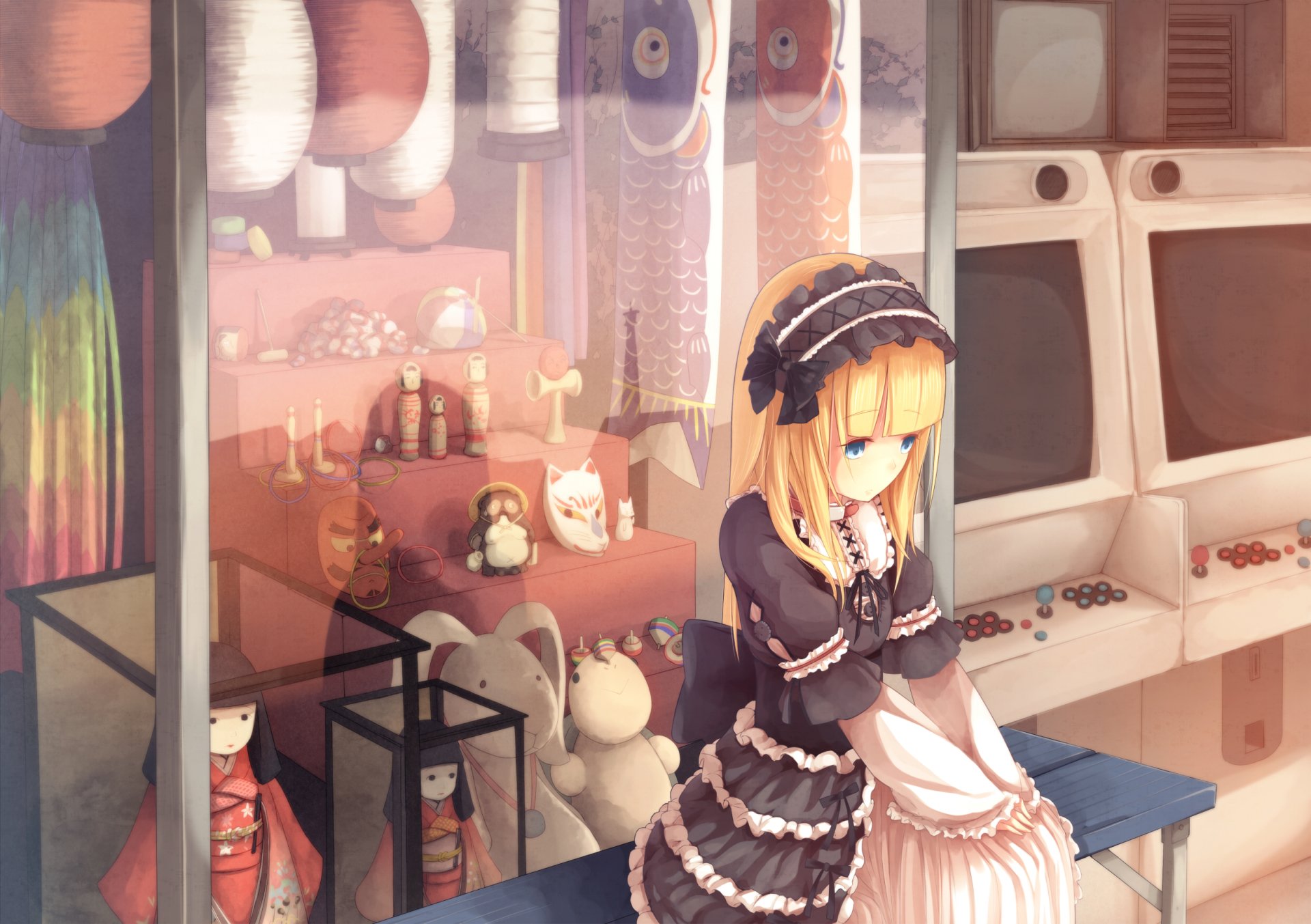 A detailed original anime-style HD PC desktop wallpaper featuring a blonde girl in a black and white maid outfit surrounded by nostalgic arcade and vintage toys.