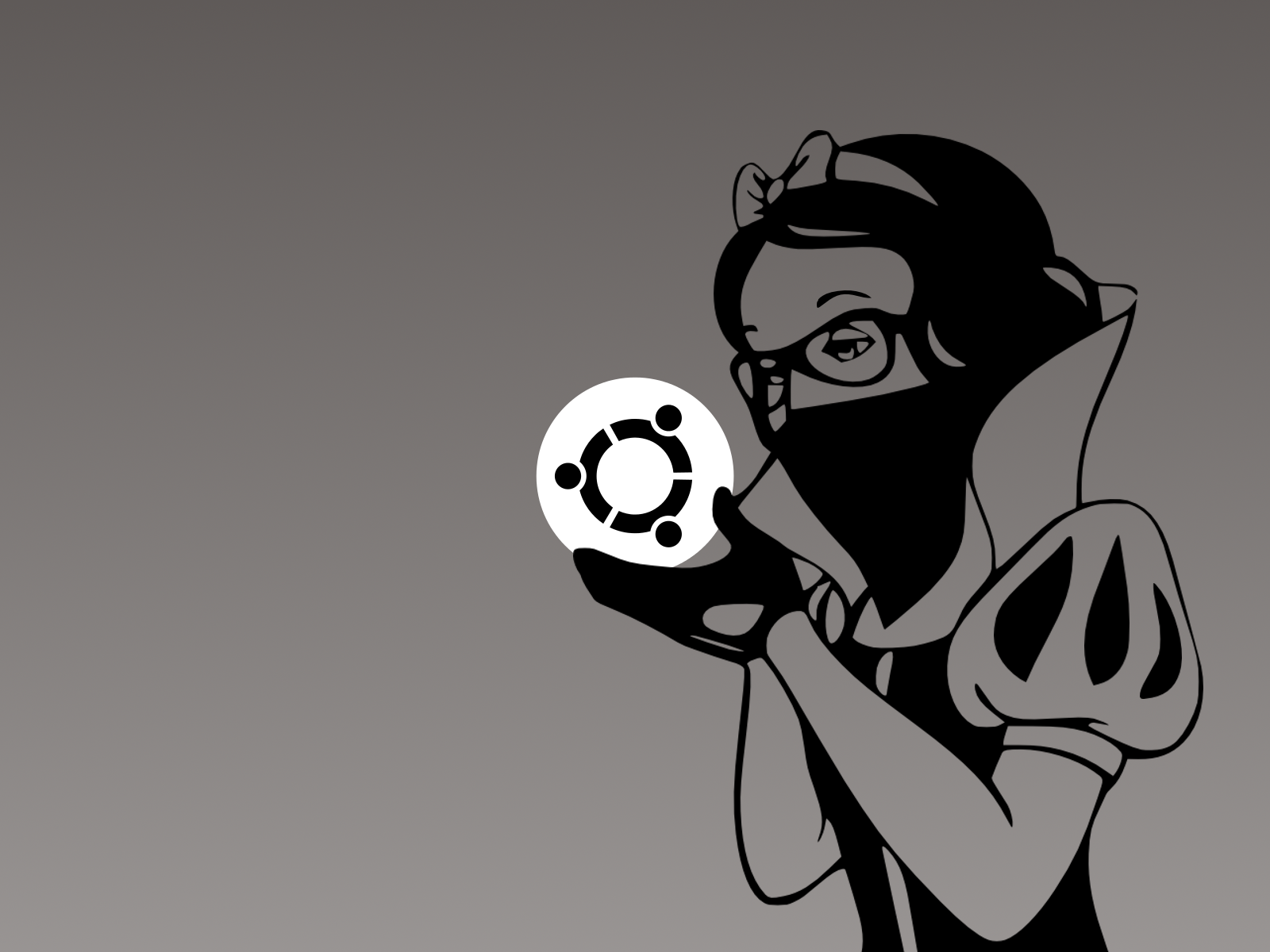 Illustration of a masked Snow White holding the Ubuntu logo, set against a gray background in a high-definition Linux and technology-themed desktop wallpaper.
