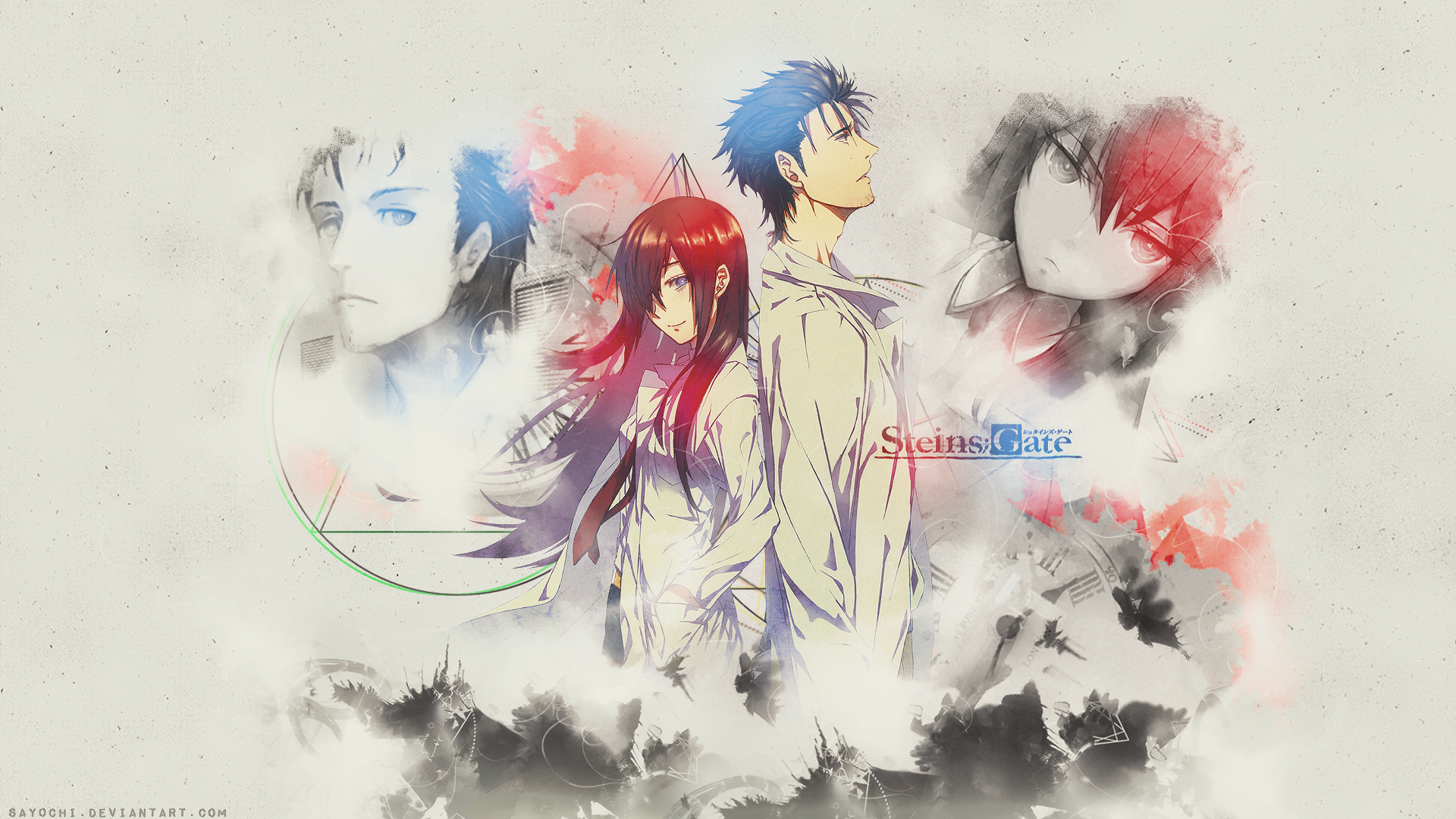 HD desktop wallpaper featuring Rintaro Okabe and Kurisu Makise from the anime Steins;Gate, surrounded by abstract elements and character portraits.
